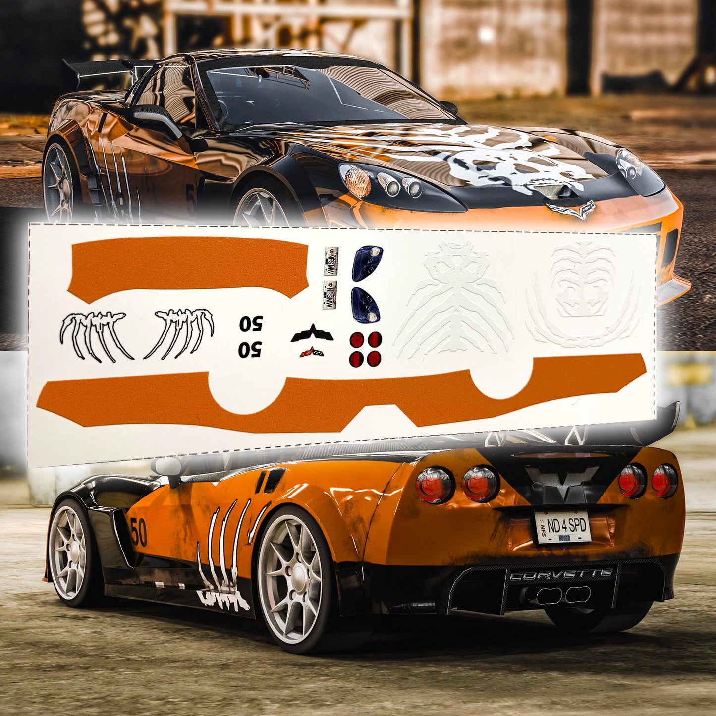 Need for Speed MW White Toner Webster's Corvette Waterslide decals for 1:64 scale