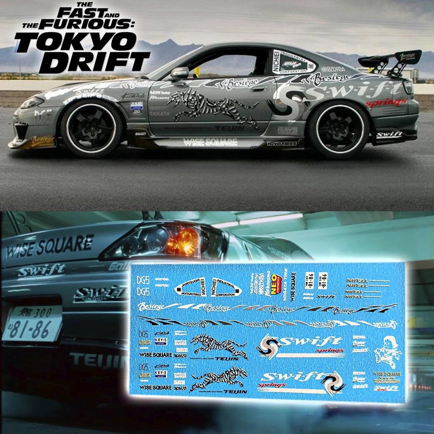 1/64 1/24 Fast&Furious Sean's S15 White Toner Waterslide Decals