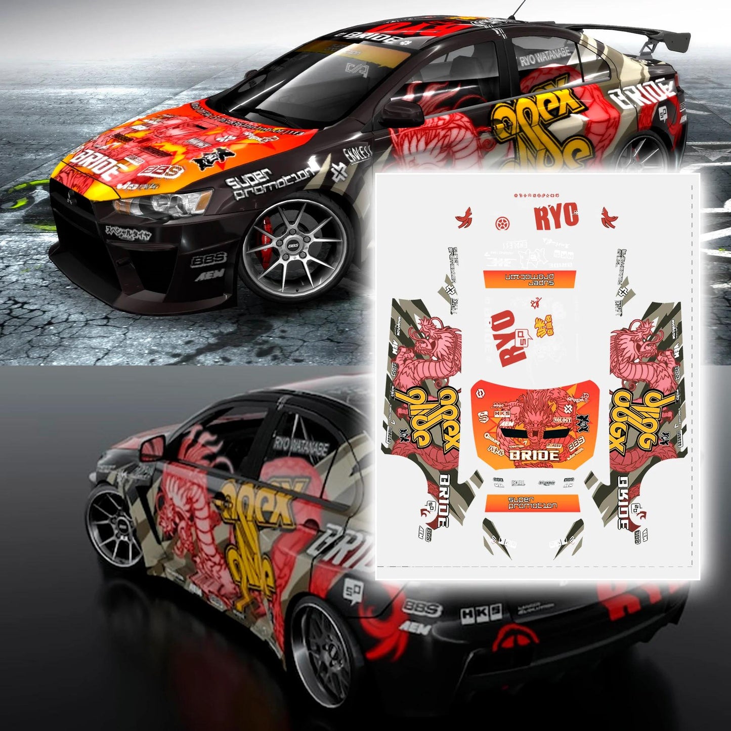 Need For Speed ProStreet Ryo Watanabe Mitsubishi Lancer Evo X Waterslide decals for 1:64 scale