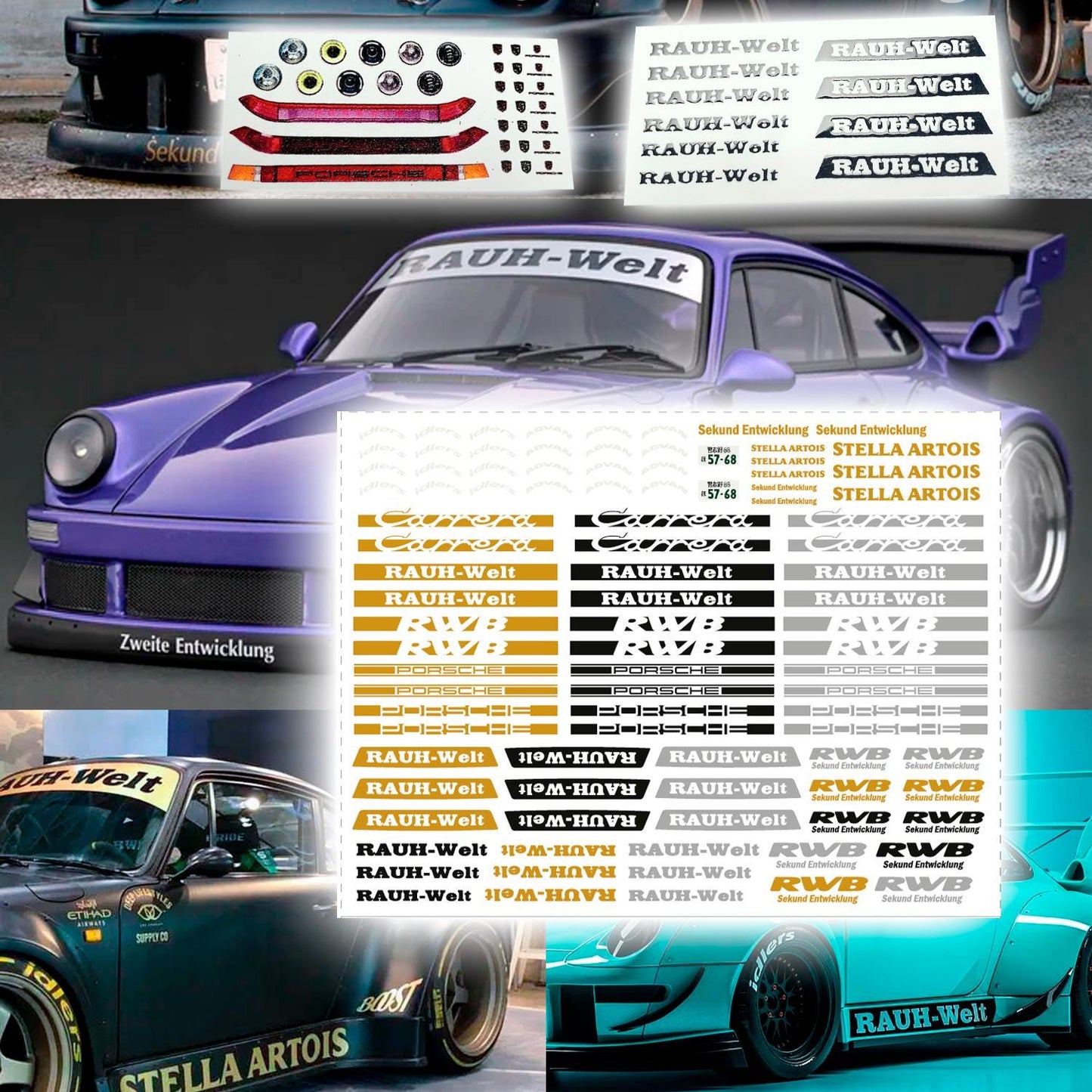 3 in 1 RWB Porsche 964 930 993 Waterslide decals for 1:64 models Rauh Welt Begriff livery